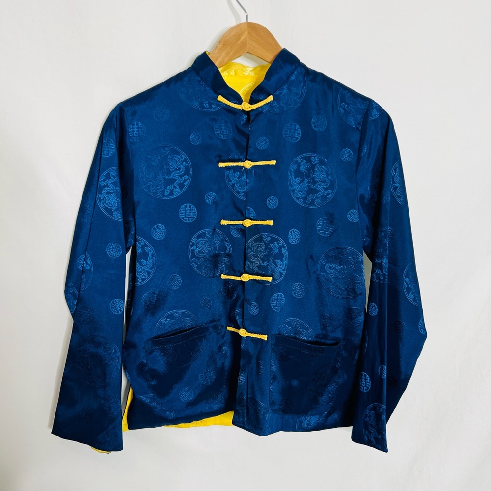 Traditional Chinese Tang Top, Blue and Yellow Reversible Blouse - Picture 4 of 16